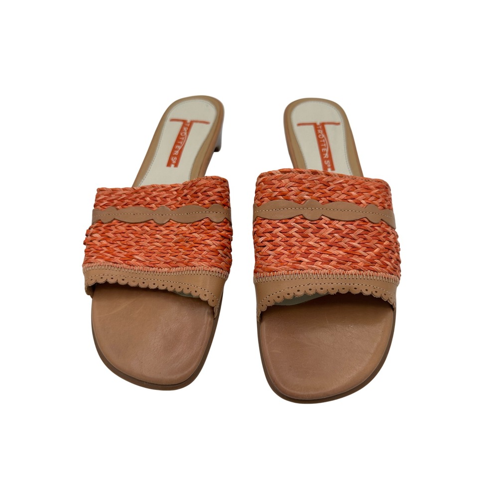 Trotters Woven Raffia Orange Leather Trim Slide Sandals - Size 9.5M